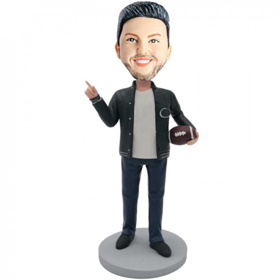 Athletic Male in Black Coat Holding Football Custom Figure Bobblehead - Front View