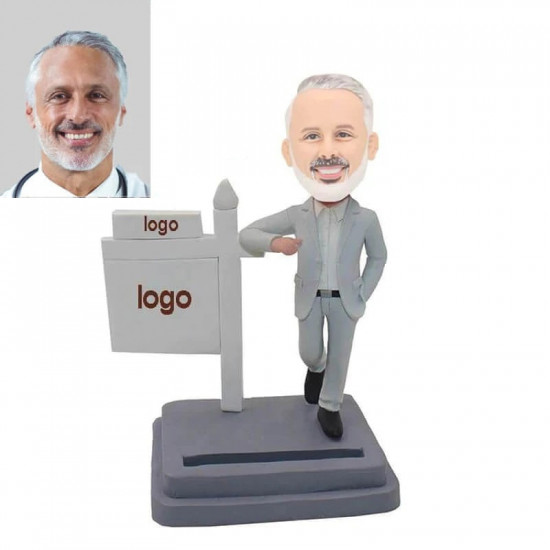 Personalized Custom Bobblehead - Business Card Holder with Company Logo - Unique Office Gift
