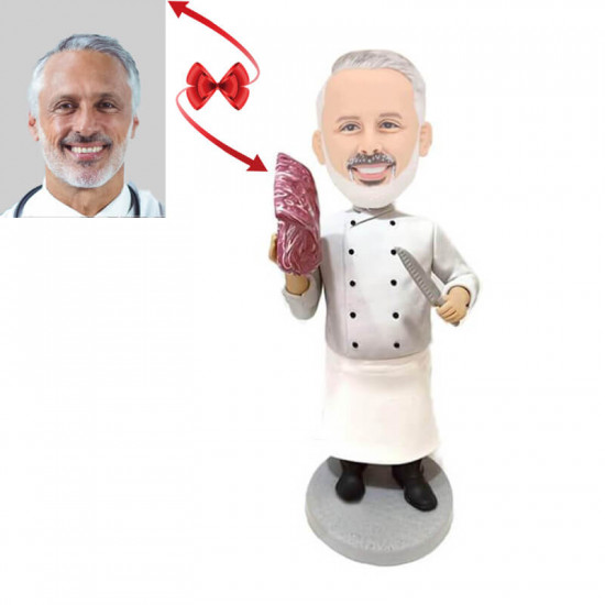 Master Chef with Steak Custom Bobblehead - Front View