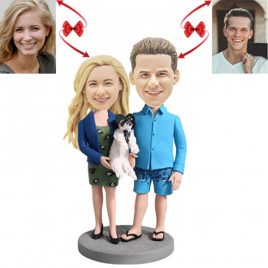 Personalized Couple Holding a Dog Custom Bobblehead - Unique Gift for Pet Lovers