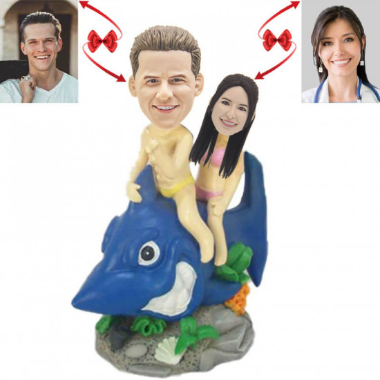 Personalized Couple Riding Shark Custom Bobblehead - Unique Gift for Adventurous Souls
