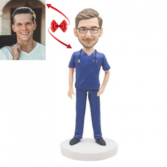 Personalized Doctor in Blue Uniform Bobblehead - Unique Gift for Medical Professionals and Healthcare Enthusiasts